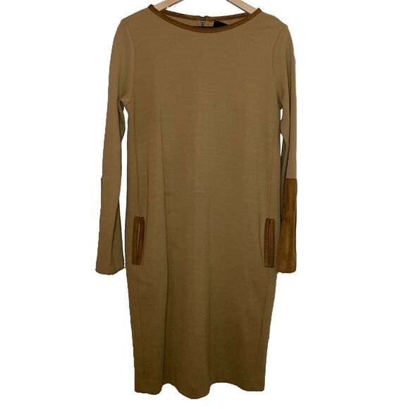 Jo No Fui Women's Tan Suede Trim Wool Blend Business Knee Length Dress 46 US 12 - Picture 1 of 11